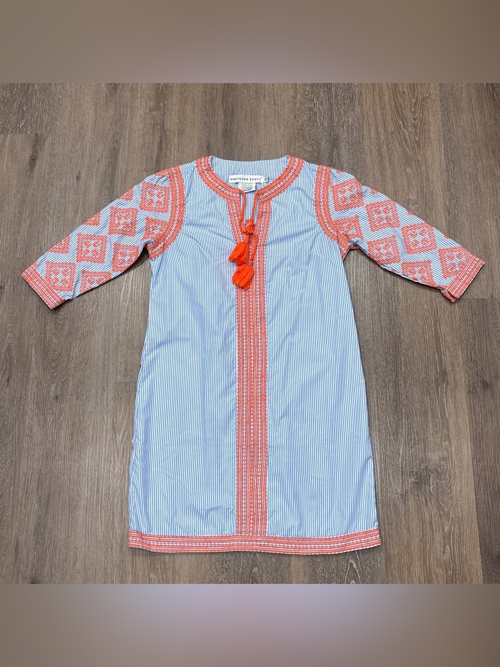 Gretchen Scott Striped Tassel Shift Tunic Dress Cotton Poplin Embroidered XS